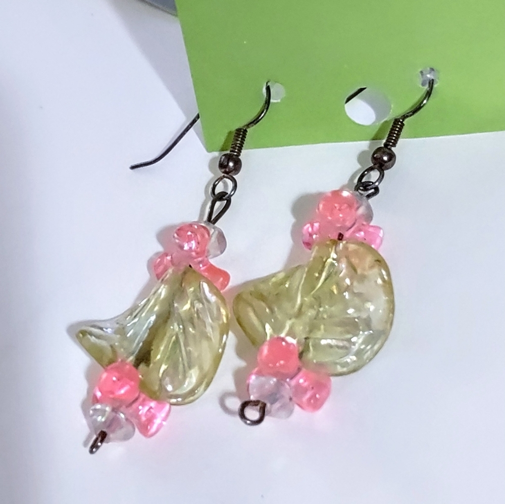 Retro Handmade Beaded Grannycore Crafted Lime Green & Pink Pierced Earrings